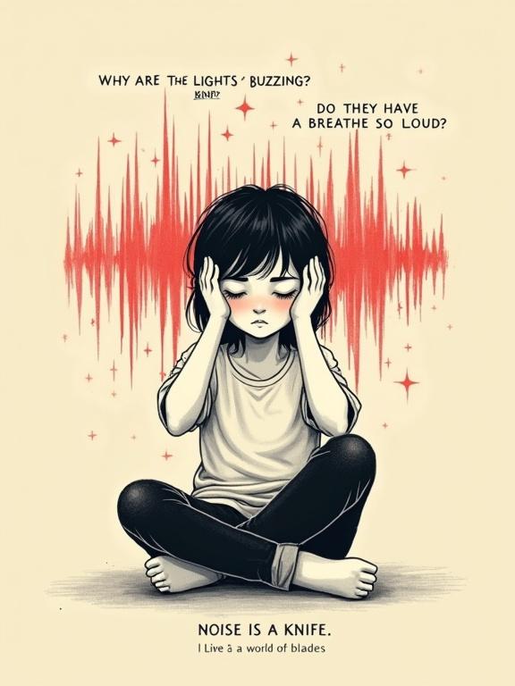 A soft, introverted figure sitting on the ground with hands over their ears. Jagged sound waves and sharp visual forms surround them. Text fragments like 'WHY ARE THE LIGHTS BUZZING?' and 'DO THEY HAVE TO BREATHE SO LOUD?' appear. The color palette includes a muted beige background, black, charcoal, and piercing red accents. The figure appears sensitive yet strong with furrowed brows and slightly raised shoulders. Text at the bottom states 'Noise is a knife. I live in a world of blades.'