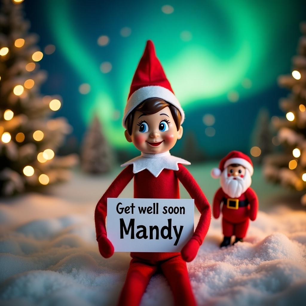 Elf on the Shelf character holds sign saying 'Get well soon Mandy'. Elf wears red and white outfit. Background has magical northern lights, snow-covered trees, and santa figure. Scene is cheerful and festive, creating a warm holiday atmosphere.