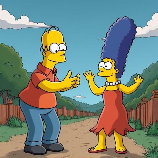 Homer Simpson and Marge Simpson are dancing in a cartoon landscape. Bright colors and a friendly atmosphere.