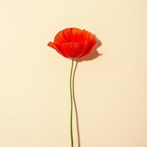 Photo of a single red poppy flower with delicate crinkled petals on a slender green stem. Simple and minimalistic composition against a beige background. Shadow of the flower on the background. Soft natural light with high contrast. Centered flower in a medium close-up.