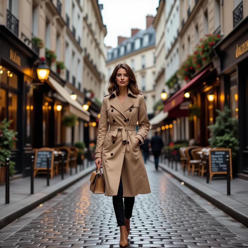 Stylish woman walking down a beautiful Paris street during evening. She wears a fashionable trench coat and carries a small handbag. The street features classic buildings, floral balconies, and glowing café lights. The Eiffel Tower appears in the background against a pink and blue twilight sky.