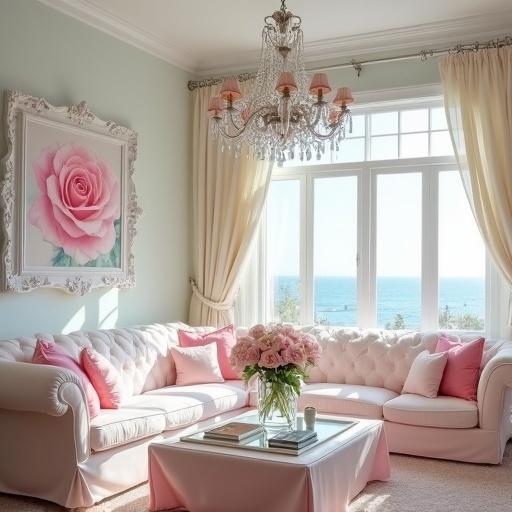 A light pink and white shabby chic living room with cream accents. Features a crystal chandelier and pink roses in a vase on a coffee table. A pink rose painting in a white rococo style frame on the wall. Light aqua accents are present. Show an ocean view through the window.