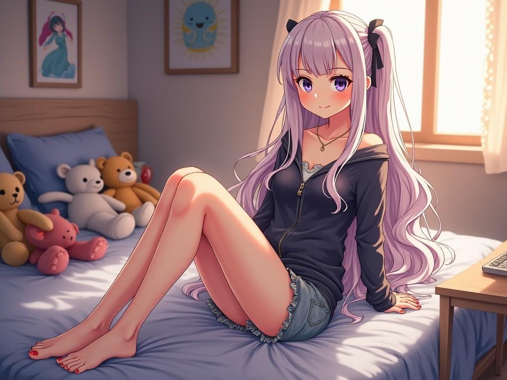 A dominant girl anime style sits on her bed, dressed casually in a hoodie and shorts. She has long, flowing pastel lavender hair and is surrounded by a cozy bedroom filled with teddy bears and cute posters. The sunlight filters through the window, casting a warm glow. Her bare feet are prominently visible, reflecting a casual and relaxing vibe. The room conveys a playful yet serene atmosphere, ideal for illustrating youthful charm and relaxation.