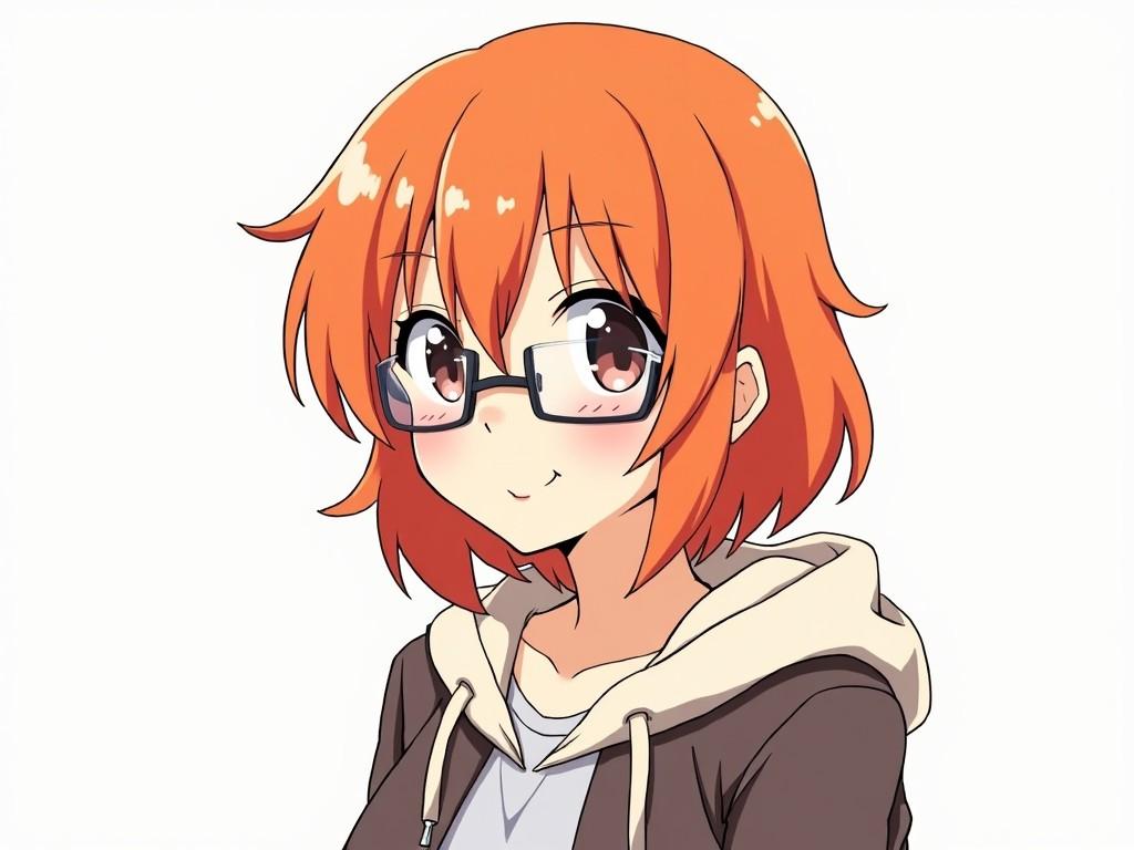 The image features a cheerful anime character with orange hair styled in a short, slightly messy cut. She wears glasses that give her a studious look, and her expression is warm and inviting. The character is dressed in a casual outfit consisting of a brown hoodie over a light top. Soft blush marks on her cheeks add a cute touch. The background is simple and clean, emphasizing her features. This character exudes a friendly and approachable vibe, typical of many anime characters.