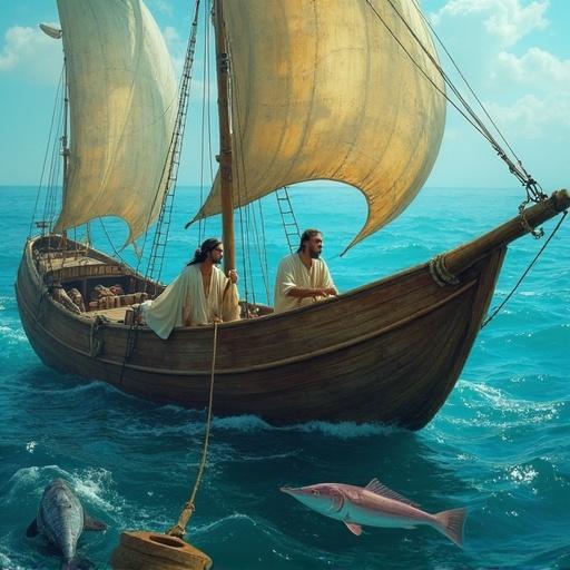 Image of a boat with three individuals on the ocean with fish.