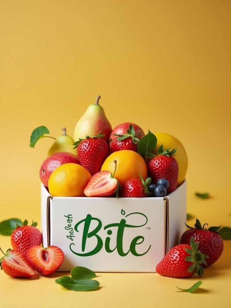 A box filled with fresh fruits on a yellow background. Various types of fruits including strawberries, pears, lemons, and blueberries are visible. The box has the name 'Bite' prominently displayed.