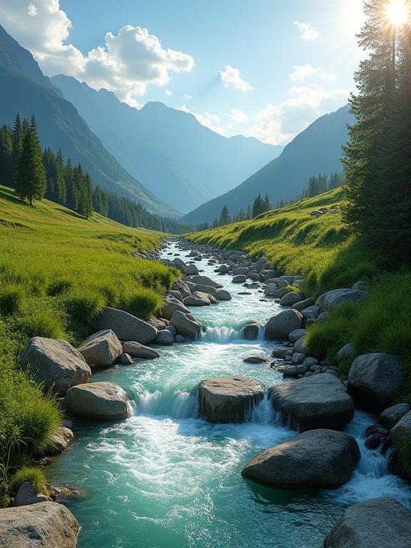 Serene mountain valley featuring a clear winding river with lush green vegetation and distant peaks under a bright sunny sky.