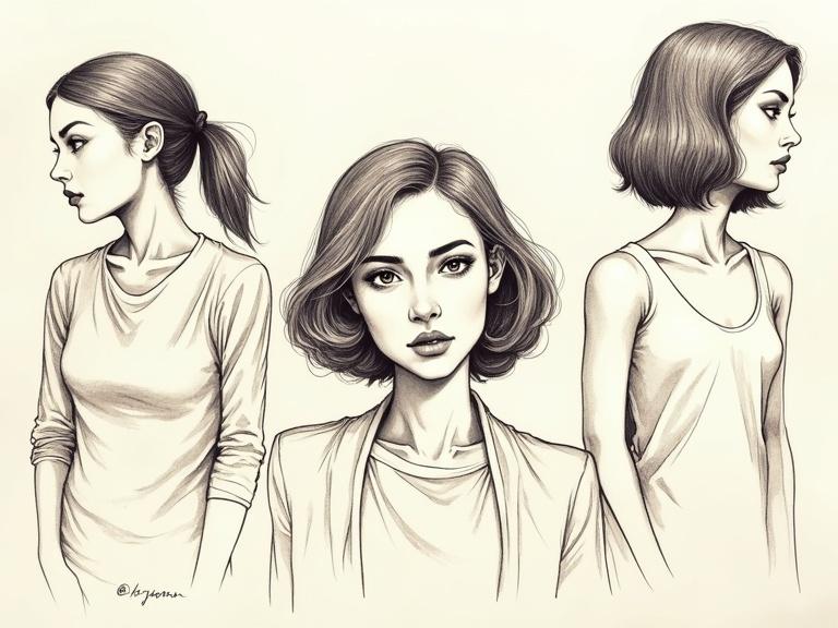 Ink drawing featuring two women, one androgynous person, a grandmother with a bob haircut. Figures displayed in various poses. Stylized representation. Art piece honors diverse aesthetics.
