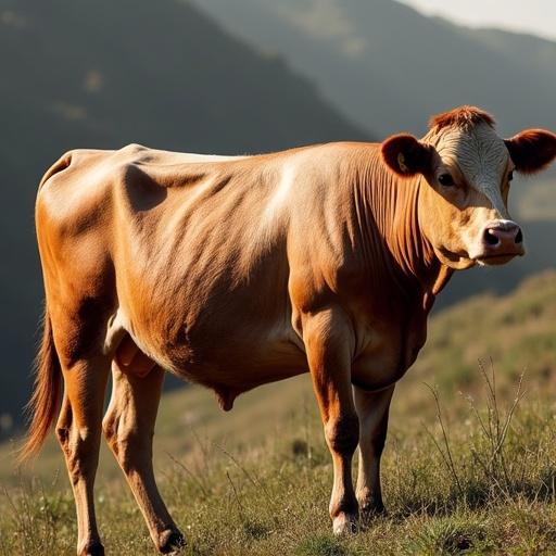 A cow in a meadow. The cow is standing and looking to the right. The background shows a blurred landscape of hills and grass.