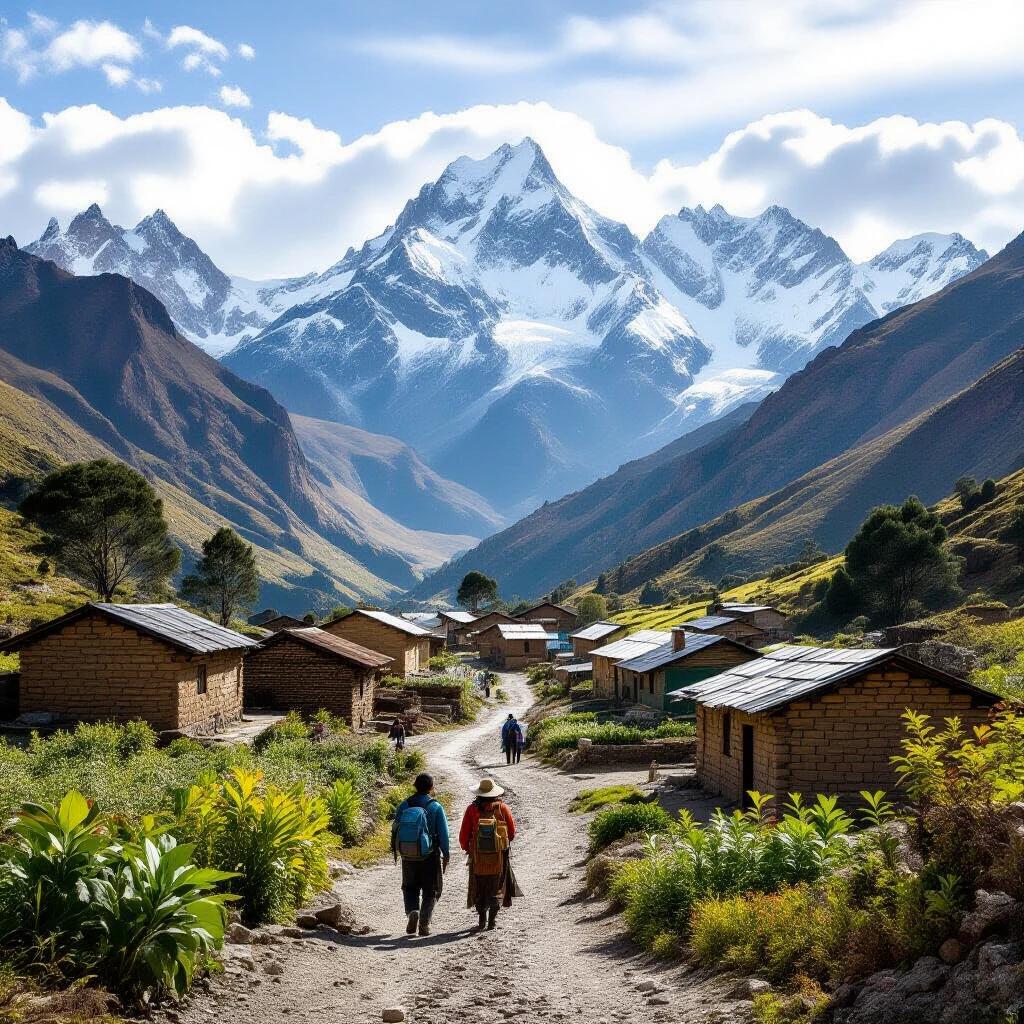 Scenic view of a remote Andean village. Two hikers explore the landscape. Snow-capped mountains in the background. Surrounding greenery and traditional houses. Community living in harmony with nature.
