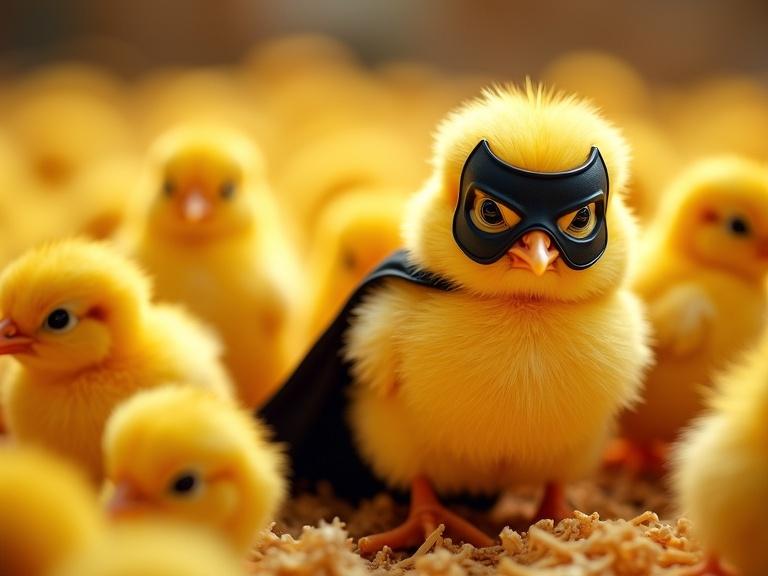 Fluffy yellow chick wearing a black superhero mask and cape stands on the right in front of many other yellow chicks. The serious expression of the chick contrasts with the softness of the crowd. The background is a blurred mass of fluff with warm lighting making it inviting. The ground is covered in wood shavings.