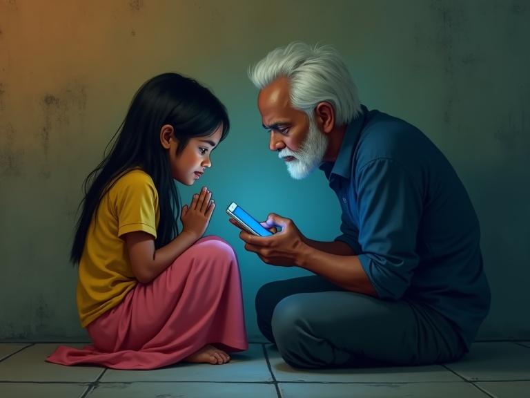 Cinematic dark mood-realistic style. Young girl with long black hair, wearing a yellow shirt and pink skirt. Sitting on the floor with a distressed expression. Hands clasped together. Older man with white hair, dressed in a blue shirt. Kneeling beside her, showing a white smartphone. Background is a textured wall with a gradient. Warm orange at the top fading to cool blue-green at the bottom. Worn-out indoor setting with subtle lighting. Tense emotional atmosphere.