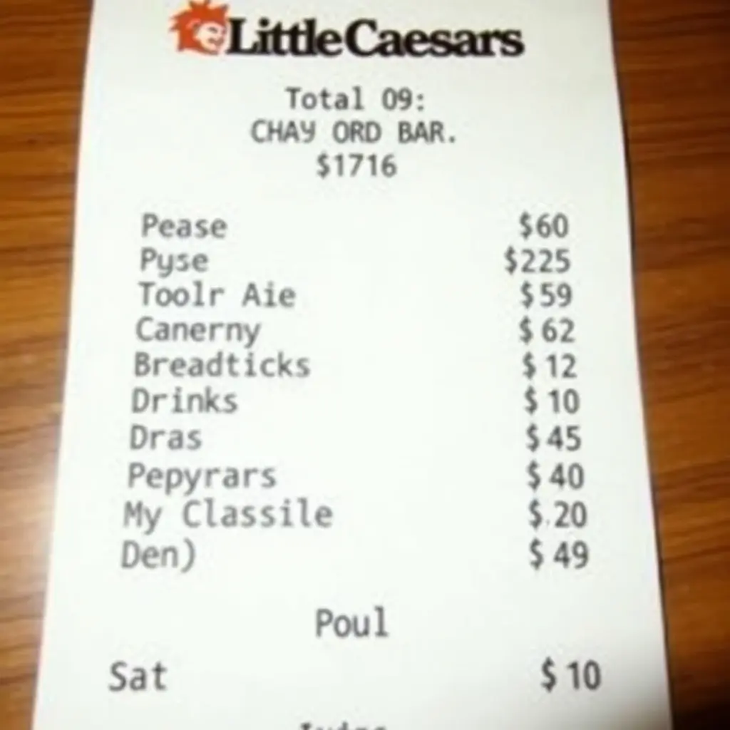 Receipt from Little Caesars showing order details with costs listed.