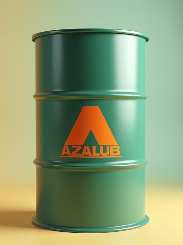 3D image of an oil barrel in turquoise color featuring a logo named AZALUB in orange color.