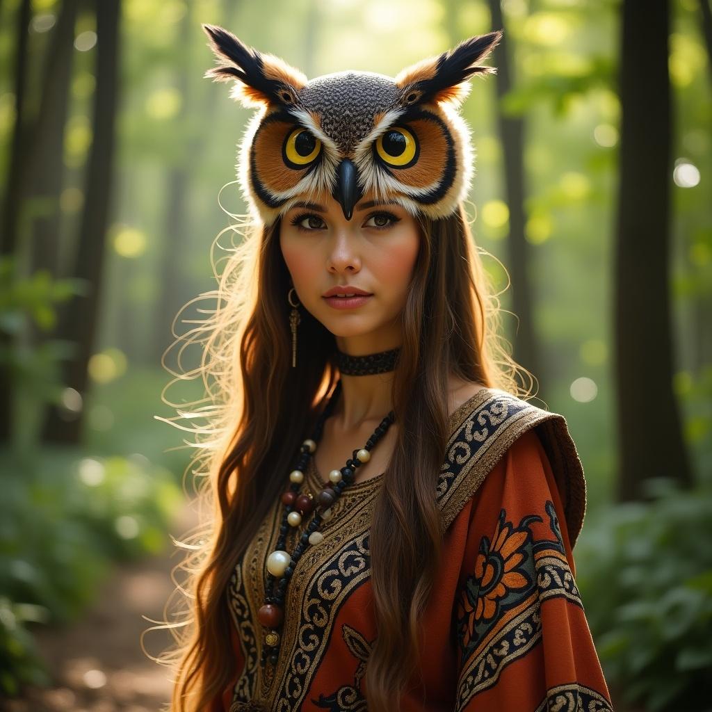 A woman dressed traditionally in an outfit inspired by an owl. She has a striking owl headpiece. The setting is a lush green forest with soft sunlight filtering through the trees.