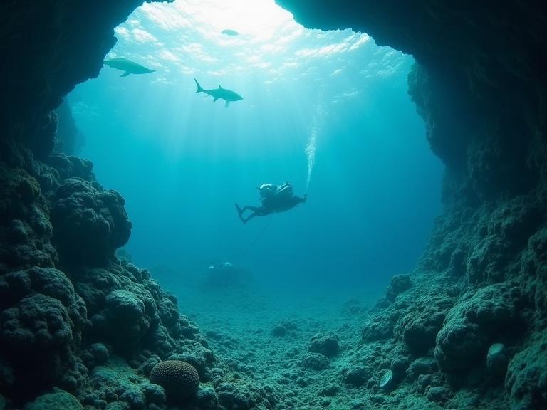 Underwater scene showing a scuba diver exploring a cave with sharks in the background and coral formations.