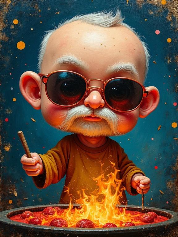 Chibi dad preparing BBQ surrounded by vibrant colors. Detailed features and expressions. Night background with artistic brush strokes and paint splatter. Mixed media texture elements and deep colors create an engaging visual experience. Magical composition with fire in the foreground.