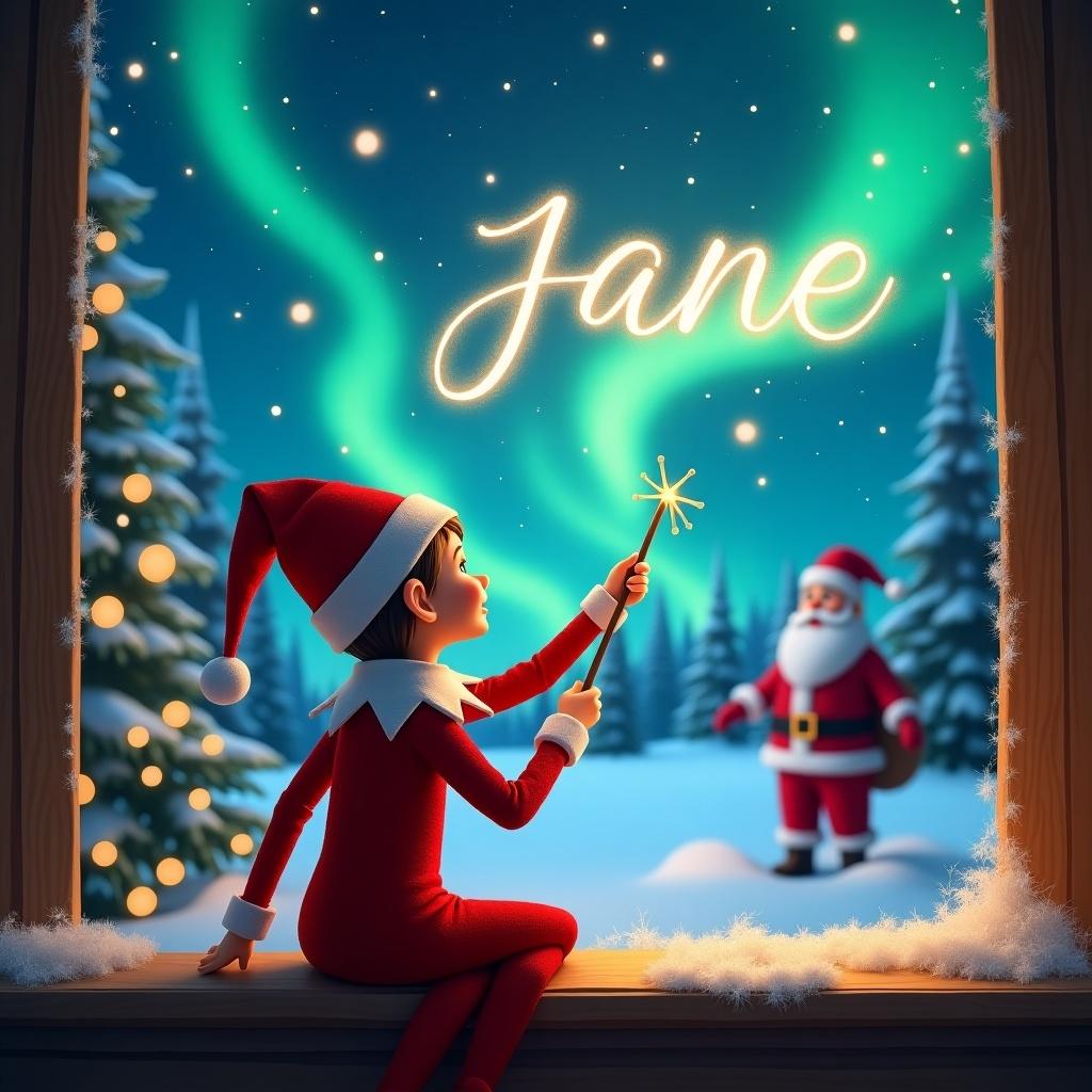 Girl elf on the shelf sits with back to viewer. Faces the sky writing in magical sparks. Background features northern lights and Santa. Name Jane elegantly written in sky with magic wand.