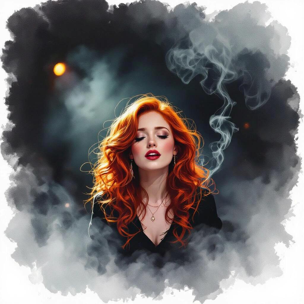 Moody scene of a red-haired girl singing with curls catching light. Dense smoke swirls around her in a near-black lounge.
