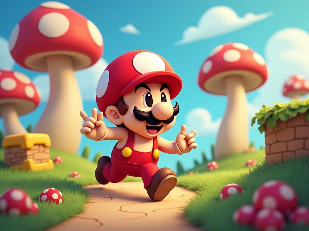 A cartoon character in red overalls joyfully running through a whimsical landscape filled with oversized red mushrooms with white spots.