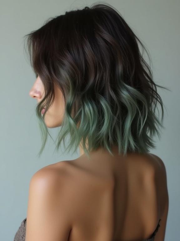 Photorealistic rear view portrait of a young woman. Back of head and neck visible with tousled shoulder-length dark brown hair. Hair features muted ashy-green dip-dye. Softly textured waves and off-center part. Smooth skin at nape. Clean light gray backdrop with soft edge lighting. Shallow depth of field for cinematic realism and hyper-detailed hair texture. Quiet mood.