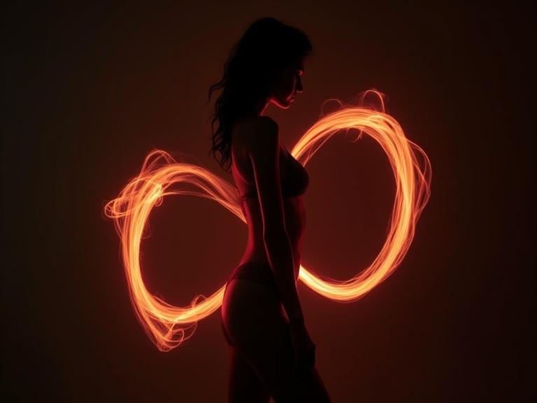 A woman silhouette is formed by light trails creating an infinity shape. The background is dark enhancing the colors of the light. The pose accentuates the curves of the body.