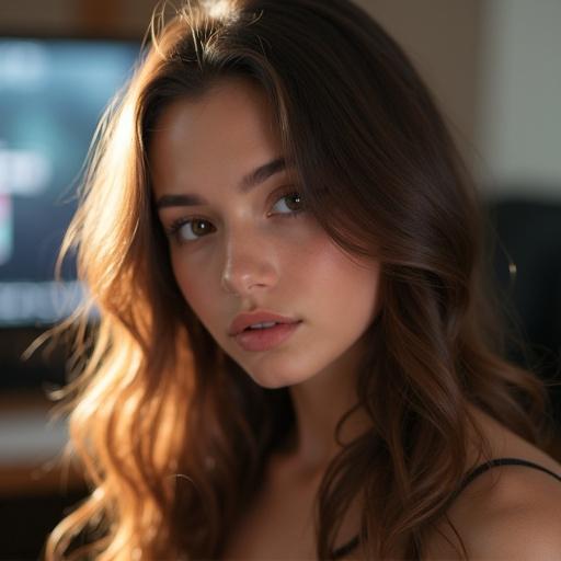 Close-up portrait of a beautiful female gamer influencer. She has brown hair and brown eyes. Soft natural lighting highlights her features.