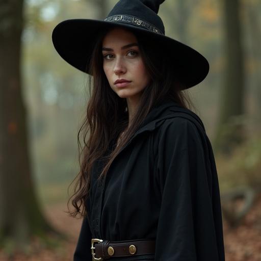 A woman dressed in black standing in a magical forest setting. She has a large hat and an air of mystery. The background features blurred trees, creating a fantasy theme. A sense of magic is present in the scene.