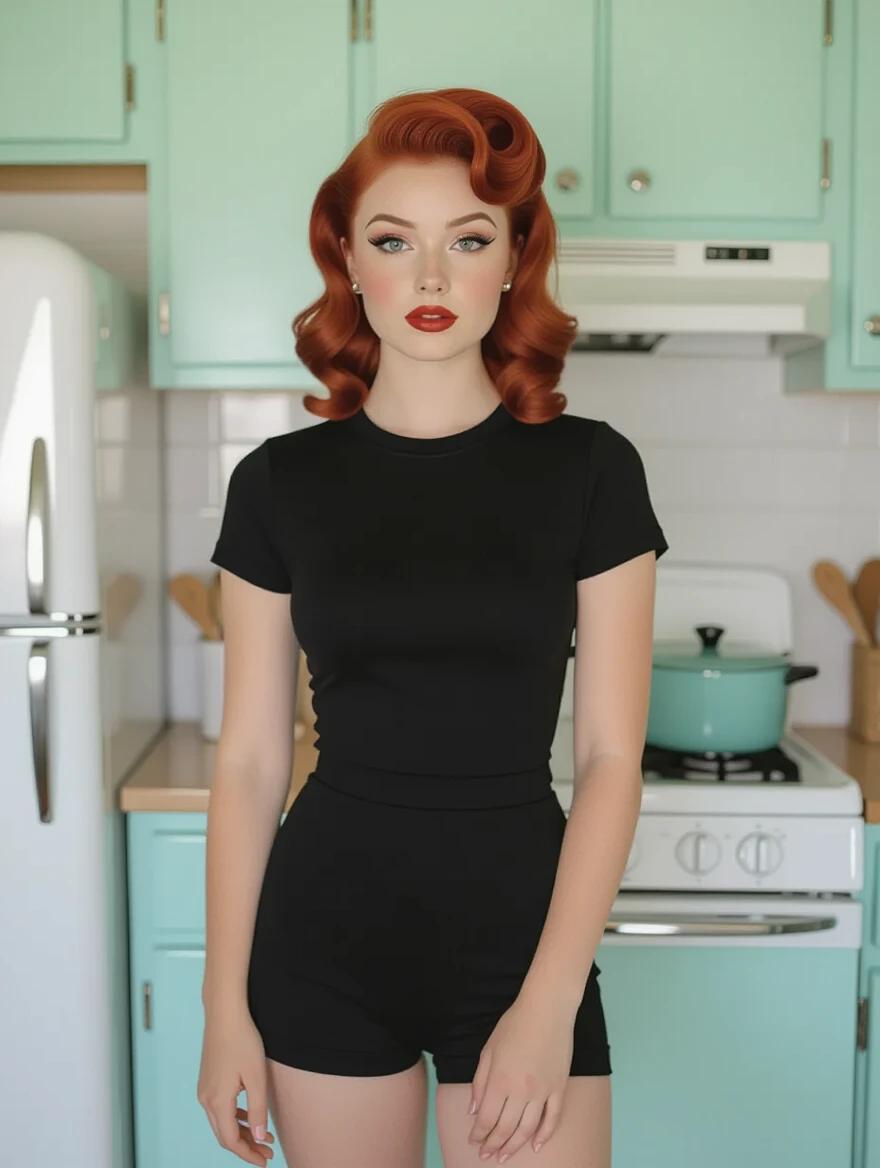 Photorealistic depiction of a model with red hairstyle. Model wears a plain black t-shirt and stands in a vintage kitchen. Styled in the 1940s aesthetic. Front lighting accentuates her attire. Shot from above the knees.