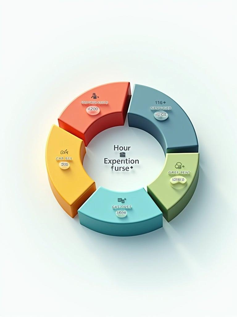 3D illustration of a pie chart showing different types of monthly income expenses. Segments labeled for house expenses groceries car rent water bill gas bill medical checkup. Each segment has an icon. Color-coded segments display varying percentages.