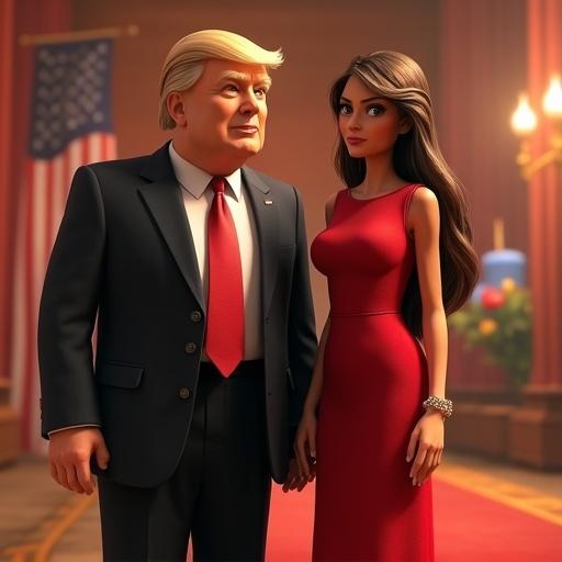 3D animated representation of Trump and Melania in a political setting. Characters styled like Pixar animations. Background features elements of a political event.