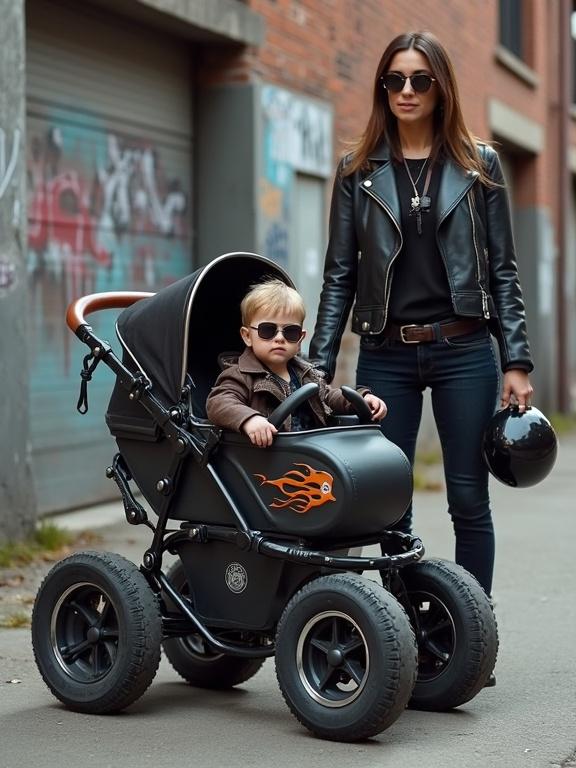 A realistic customized baby stroller modeled after Harley-Davidson motorcycles. Matte black metal with chrome details. Flame designs on the sides. Large motorcycle-style wheels with thick treads. A baby boy in a leather biker jacket sits inside, and his mom stands next to him in biker attire holding a helmet. Background features old brick walls with graffiti. Natural lighting gives a cinematic effect.