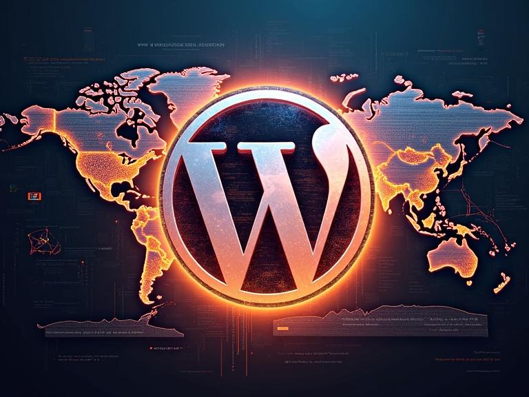 Collage depicting global developers coding. Different time zones visualized. Screens transform into a large WordPress logo. Warm sunrise color palette evokes inspiration with orchestral music.