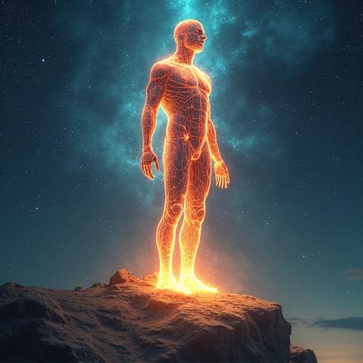 A glowing figure of a man stands outside of his body representing astral travel with a starry sky in the background.