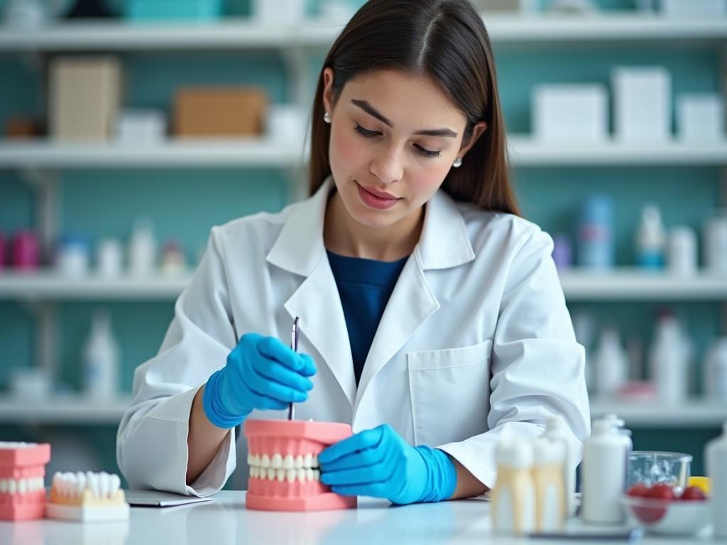 A young dental professional is focused on her work in a well-lit laboratory. She is wearing a white lab coat and blue gloves, carefully applying a dental tool to a model of human teeth. The scene is organized with various dental instruments and products arranged neatly on the table. The background features shelves filled with dental supplies, contributing to the clinical atmosphere. This setting emphasizes the importance of attention to detail in dental education and practice.