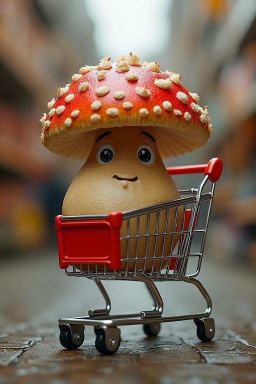 A mushroom in a shopping trolley. The mushroom has a hairstyle resembling the Beatles. It is cartoonish and has a cheerful expression. The background shows a grocery store aisle.