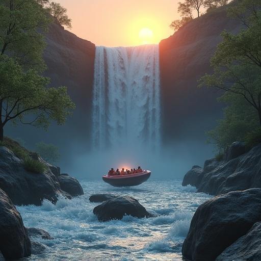 3d hyperrealistic model shows group of people in inflatable boat falling from waterfall into wild river. Scene set at canyon base with sunset on horizon and gradient background.