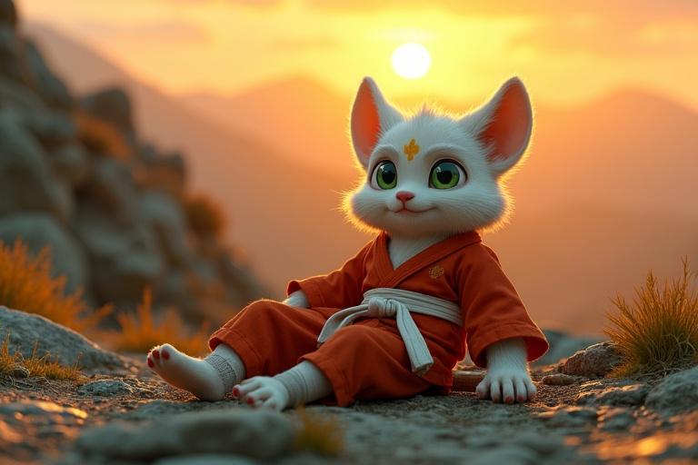 An ultra-HD cinematic scene in 16:9. Setting on a rocky mountain training ground at dusk. Warm orange sky casts long shadows. Kittuu has white fur and emerald-green eyes. He lies bruised on rocky ground in light red karate gi. His bandaged feet are scuffed. His large eyes glisten with unshed tears and a golden forehead mark glows defiantly. Mahaguru in orange-white robes stands nearby with a stern but encouraging expression holding a carved staff. Vibrant greens, oranges, and grays abound with hyper-detailed textures emphasizing perseverance.