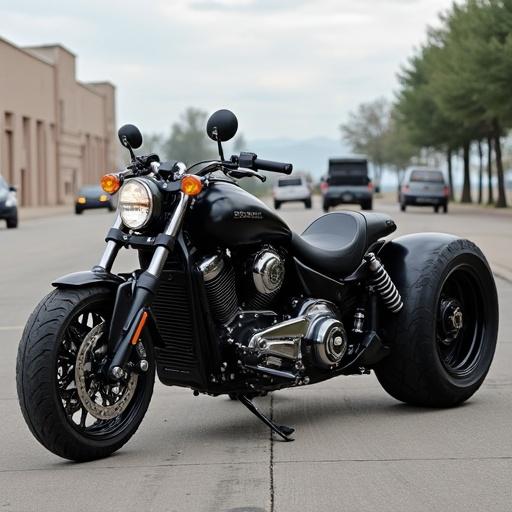 Supercharged motorized trike parked on the street near buildings. The vehicle features a sleek design with a powerful engine and unique front fork.