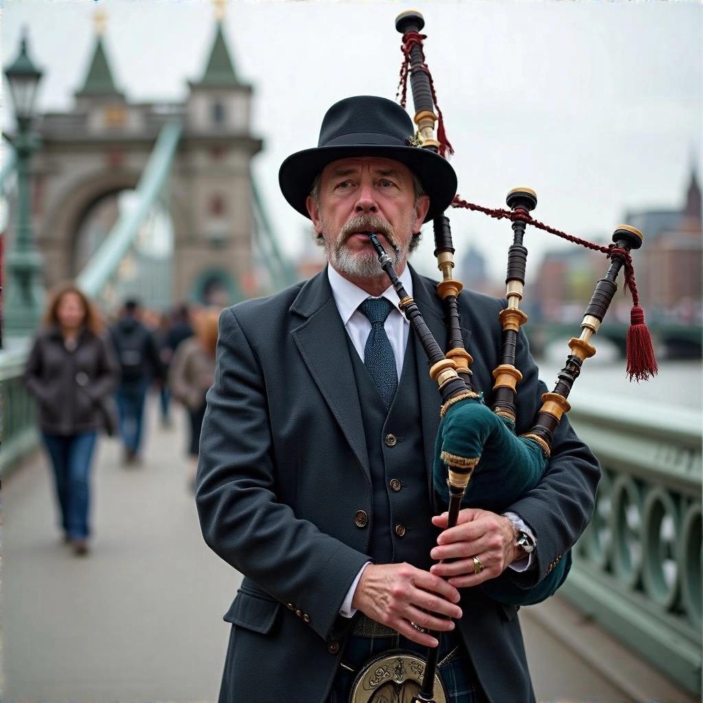 A man in a hat and tie plays the bagpipes on a bridge. People walk by in the background.
