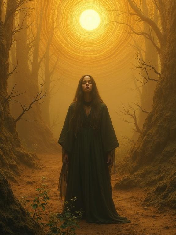A figure stands in an eerie, swirling landscape. The expression shows deep disappointment. Warm amber and gold hues create an ethereal glow. The background has abstract, moving patterns. High detail and sharpness.