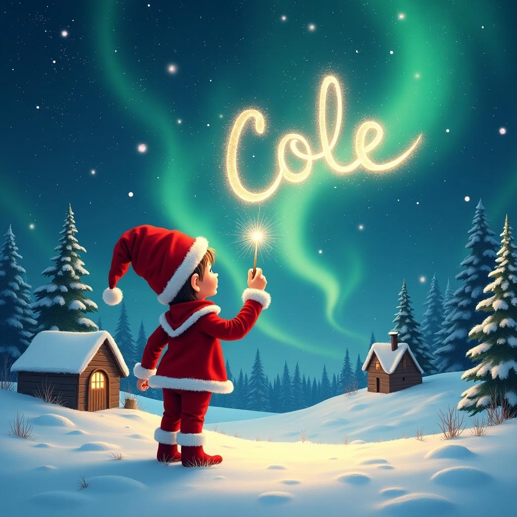 An elf stands in the snow with its back to the camera, gazing at a magical sky. The elf, dressed in a red outfit with a pointed hat, holds a sparkling wand. With the wand, the elf elegantly writes the names 'Cole' in the starry sky. The background features a snowy landscape with charming little houses and evergreen trees under the shimmering Northern Lights. This whimsical scene captures the essence of childhood magic and Christmas cheer.