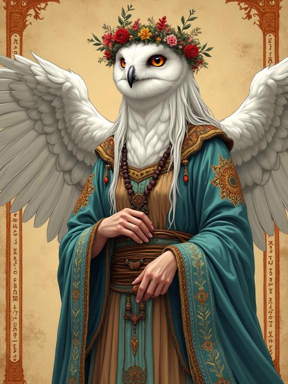 Full-body portrait of an anthropomorphic white owl druid priestess. Ornate traditional Slavic folk robes with layered patterns and bead necklaces. Spread wings forming sleeves of the robe. Wreath of wildflowers on her head. Features sharp intelligent eyes and soft feathers. Background includes old papyrus with mystical runes. Cinematic depth and warm lighting.