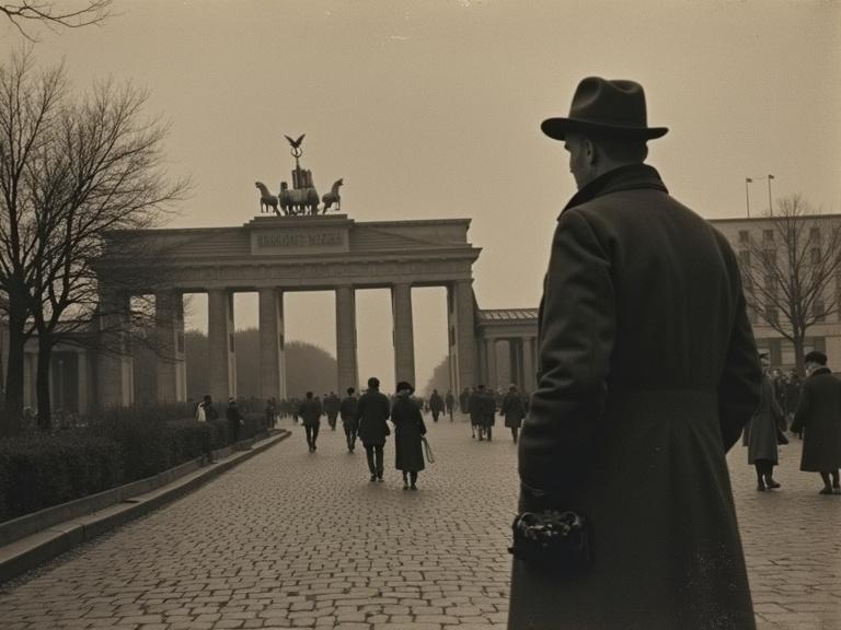 A vintage-style photograph of Berlin in the 1920s showcasing the Brandenburg Gate. People are strolling along the street under an overcast sky. The scene captures the atmosphere of the time period