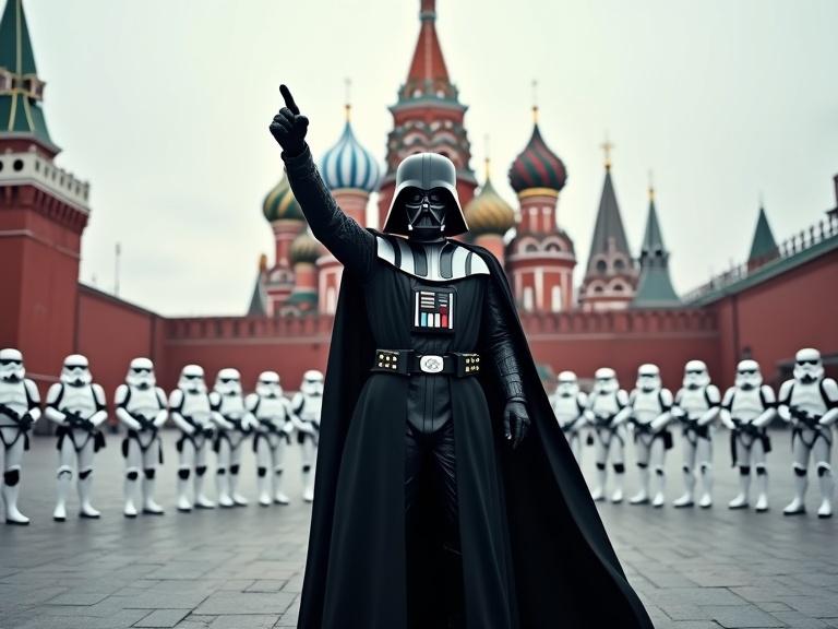 A professional photograph of Darth Vader standing in the courtyard of Russia's Red Square, right arm raised, pointing forward. Ten Imperial Stormtroopers stand in a semi-circle behind him. The image is well lit in natural daylight, showing deep shadows in Vader's suit and highlights on the Stormtrooper armor. High detail and sharp focus in an urban environment.