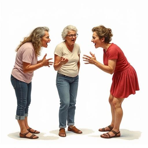 Realistic watercolor illustration featuring three women behaving comically and arguing with exaggerated expressions. Full body view emphasizes diverse sizes and shapes. White background. Inspired by the art of Robert McGuinness and Norman Rockwell.