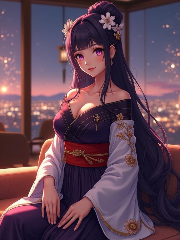 Full-body view of a beautiful anime lady with dark violet hair styled in an elegant updo secured with traditional Japanese kanzashi. She has large violet eyes and a confident expression. Wearing a luxurious kimono with white sleeves and golden chrysanthemum patterns over a black base. Tied with a red obi belt. Seated comfortably on a luxurious sofa in a high-end lounge, legs crossed, relaxed pose. Dimly lit environment with warm lighting and a panoramic city view.