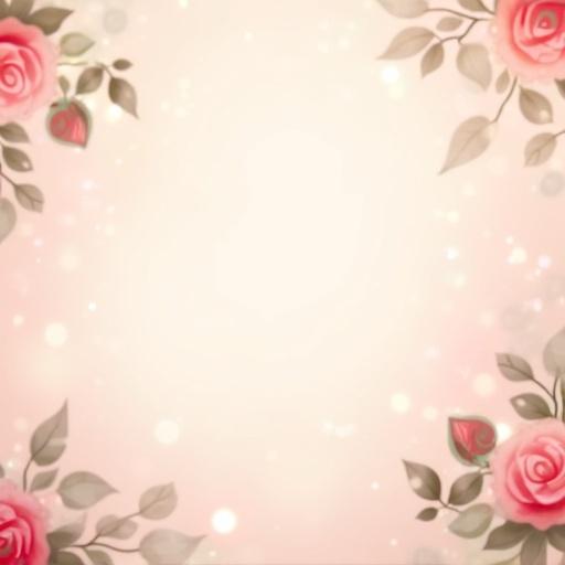 Soft pastel background features pink and red roses with green leaves. Light pink and cream gradient fills the space. Subtle bokeh lights enhance warm dreamy feel. Center area slightly blurred for text use. Ideal for baby song karaoke videos.