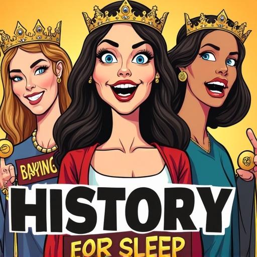 Women illustrated in cartoon style. Exaggerated features with wide eyes and toothy grins. Bold lines with flat colors. Humorous historical clothing. Typography showing irony in bold serif text saying 'BORING HISTORY FOR SLEEP'.