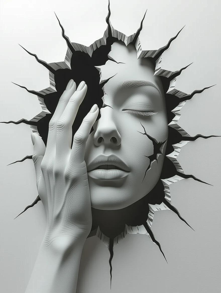 A 3D hand emerges from a wall creating a tear. The hand is stylized and appears to break through to an abyss of blackness. The canvas has cracks and sharp edges, enhancing the dramatic effect. Soft yet sharp lighting creates depth in the artwork. Perfect representation of complex contrast and intricacy in art.